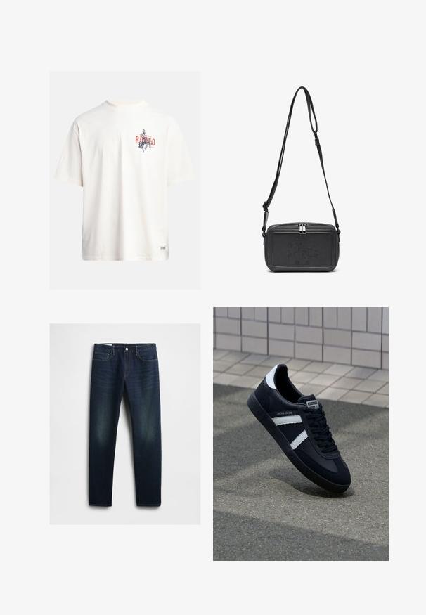 Krémové bavlněné tričko s krátkými rukávy a kulatým výstřihem. Obsahuje grafický potisk v modré a červené barvě s textem a motivem.; Tmavě modré džíny rovného střihu se pěti kapsami, zapínáním na knoflík a jemným vyblednutím na stehnech. Klasické švy.; Černé kožené tenisky s bílými pruhy, texturovanou gumovou podrážkou a šněrováním vpředu. Obsahují značenou etiketu na jazyku.; Černá kožená taška přes rameno s uzávěrem na zip, vyraženým logem na přední straně a nastavitelným popruhem. Hladký povrch s obdélníkovým tvarem.