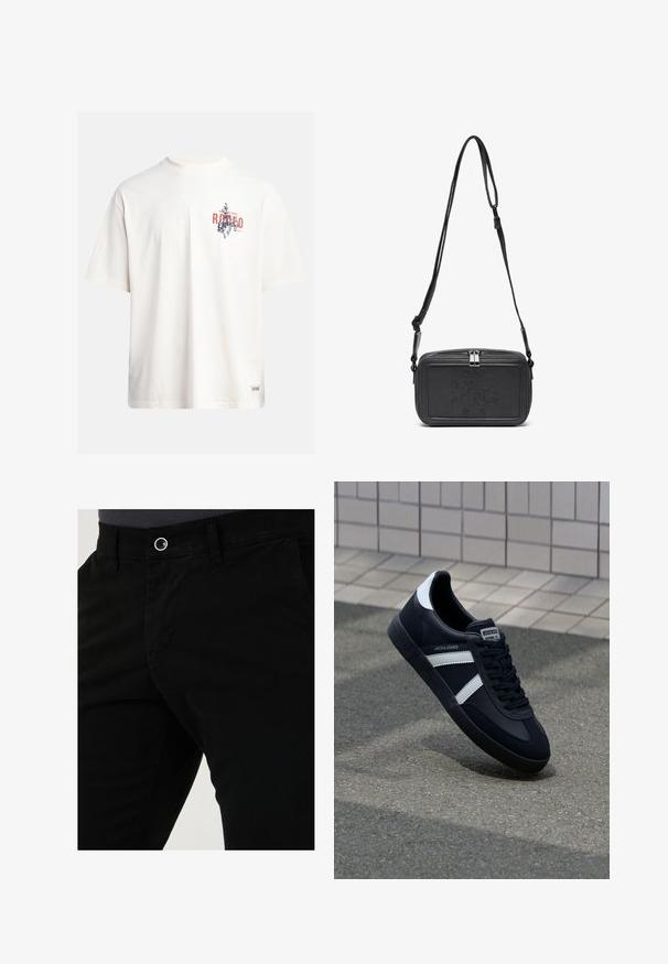 Krém színű, pamut póló rövid ujjakkal és kerek nyakú kivágással. Kék és piros grafikával, szöveggel és motívummal díszített.; Fekete pamut nadrág, karcsú szabással, elülső zsebekkel és egy gombos záródással a deréknál. Simább textúra minimális díszítéssel.; Fekete bőr sportcipő fehér csíkokkal, textúrált gumitalppal és fűzős elejével. A nyelvén márkás címke található.; Fekete bőrből készült keresztbe hordható táska cipzáras záródással, dombornyomott logóval az elején és állítható pánttal. Simább textúrájú, téglalap alakú.