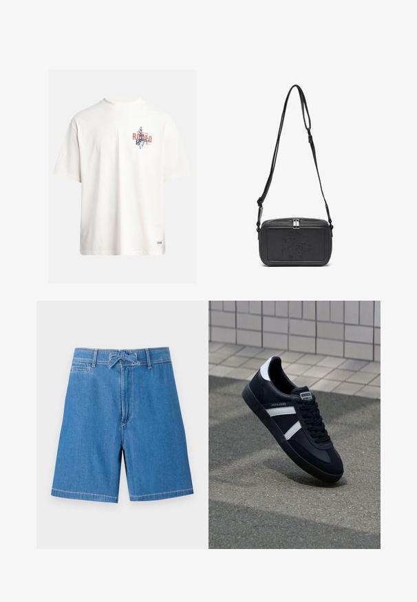 Krém színű, pamut póló rövid ujjakkal és kerek nyakú kivágással. Kék és piros grafikával, szöveggel és motívummal díszített.; Világoskék farmer rövidnadrág, állítható derékpánttal, elülső zsebekkel és kontrasztos varrással. Klasszikus dizájn, térd hosszúságú fazon.; Fekete bőr sportcipő fehér csíkokkal, textúrált gumitalppal és fűzős elejével. A nyelvén márkás címke található.; Fekete bőrből készült keresztbe hordható táska cipzáras záródással, dombornyomott logóval az elején és állítható pánttal. Simább textúrájú, téglalap alakú.