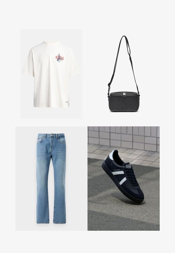 Kreminės spalvos medvilninė marškinė su trumptomis Rankovėmis ir apvaliu iškirpimu. Su grafiniu spausdinimu mėlynos ir raudonos spalvos su tekstu ir motyvu.; Šviesiai mėlynos džinsinės kelnes su tiesiomis kojomis, penkios kišenės ir subtilus nudilimas. Turi klasikinę juosmenį ir tiesų bato kraštą.; Juodas odinis sportinis batelis su baltais dryžiais, tekstūruota gumine padais ir raišteliais priekyje. Yra prekės ženklą žymintis etiketė ant liežuvio.; Juodas odinis per petį nešiojamas krepšys su užtrauktuku, iškilniu logotipu priekyje ir reguliuojama dirželiu. Lygus paviršius, stačiakampio formos.