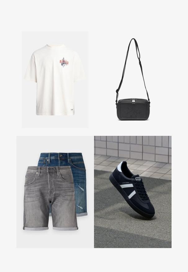 Kremasta pamukasta majica s kratkim rukavima i okruglim izrezom. Ima grafički ispis u plavoj i crvenoj boji s tekstom i motivom.; Traper šorts u tamnoplavoj i sivoj boji. Karakteristike uključuju prevrnute rubove, džepove i izblijedjeli izgled na plavim šortsima s oštećenim detaljima.; Crne kožne tenisice s bijelim prugama, strukturirana gumena potplate i vezanjem sprijeda. Ima oznaku brenda na jeziku.; Crna kožna torbica preko tijela s patentnim zatvaračem, ugraviranim logotipom sprijeda i podesivim remenom. Glatka tekstura s pravokutnim oblikom.