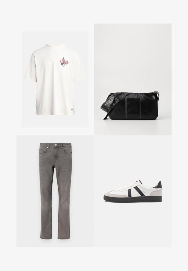 Kremna bombažna majica s kratkimi rokavi in okroglim izrezom. Ima grafični tisk v modri in rdeči barvi z besedilom in motivom.; Sive delovne hlače iz džinsa z ravnim krojem, ki vključujejo pet žepov, zapiranje na gumb in subtilno zbledelo tkanino.; Bela športna obutev z črnimi in sivo akcenti, z teksturirano sivo kapico za prste, črnim gumijastim podplatom in ravnimi belimi vezalkami. Čista zasnova, minimalistični slog.; Črna usnjena torba za ramo z zadrgo, ki ima teksturirano telo, belo šivanje in trak s srebrnimi luknjami.