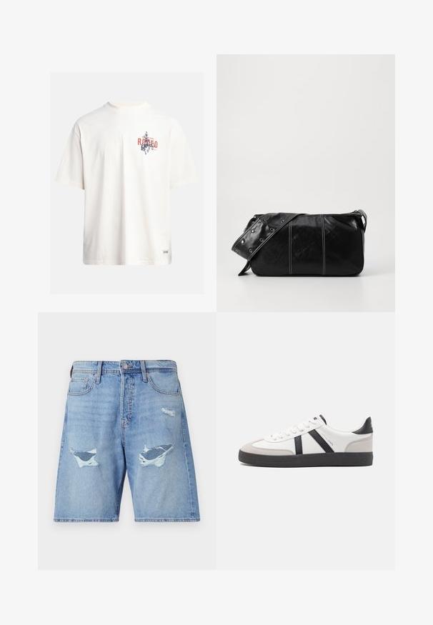 Kremowa bawełniana koszulka z krótkim rękawem i okrągłym dekoltem. Posiada graficzny nadruk w niebieskim i czerwonym kolorze z tekstem oraz motywem.; Jasnoniebieskie szorty denimowe o luźnym kroju, z dwoma większymi przetarciami i subtelnym efektem przetarcia na tkaninie.; Białe sneakersy z czarnymi i szarymi akcentami, z teksturowanym szarym czubkiem, czarną gumową podeszwą i płaskimi białymi sznurowadłami. Czysty design, minimalistyczny styl.; Czarna skórzana torba na ramię z zamkiem błyskawicznym, charakteryzująca się teksturowanym korpusem, białymi przeszyciami oraz paskiem z srebrnymi osłonkami.