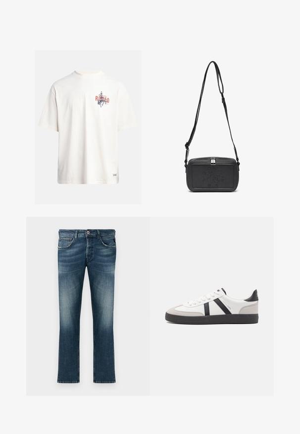 Kerman puuvillane T-särk lühikeste varrukatega ja ümmarguse kaelusega. Omab sinist ja punast graafilist trükist tekstiga ja motiiviga.; Tummansiniset farkut, joissa on kulutettu pesu. Ominaisuuksina klassinen viiden taskun muotoilu, suora lahje ja punainen korostusnappi.; Valkoiset lenkkarit mustilla ja harmailla yksityiskohdilla, joissa on teksturoitu harmaa kärki, musta kumipohja ja litteät valkoiset nauhat. Siisti muotoilu, minimalistinen tyyli.; Musta nahkainen olkalaukku vetoketjulla, etuosassa kohoamalla painettu logo ja säädettävä hihna. Sujuva pinta ja suorakulmainen muoto.