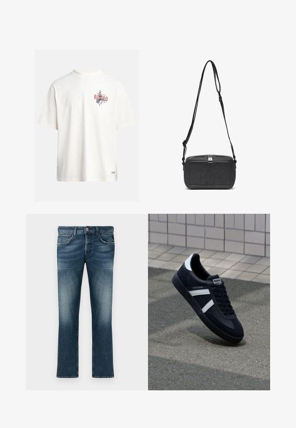 T-shirt in cotone crema con maniche corte e scollatura a girocollo. Presenta una stampa grafica in blu e rosso con testo e un motivo.; Jeans in denim blu scuro con un lavaggio sbiadito. Presentano un classico design a cinque tasche, vestibilità dritta e un bottone accentato rosso.; Sneaker neri in pelle con strisce bianche, suola in gomma texturizzata e allacciatura frontale. Presenta un'etichetta con il marchio sulla linguetta.; Borsa a tracolla nera in pelle con chiusura zip, logo impresso sul davanti e tracolla regolabile. Texture liscia con forma rettangolare.