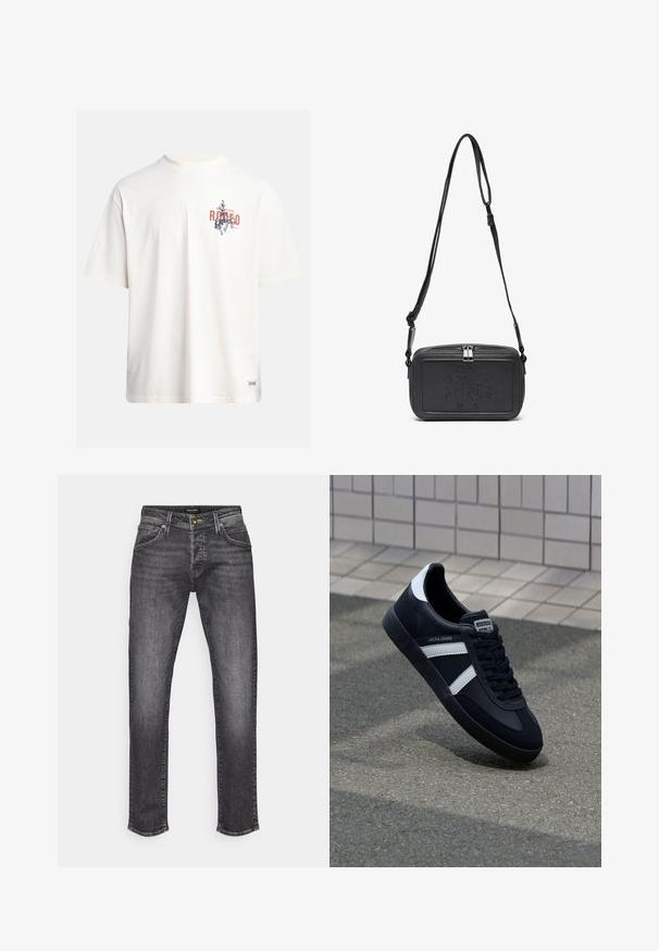 Krämfärgad bomullst-shirt med korta ärmar och rundad halsringning. Har ett grafiskt tryck i blått och rött med text och ett motiv.; Mörkgrå denimjeans med rak passform, som har en klassisk femficksdesign och en subtil blekning. Metallknapp och dragkedjestängning.; Svart lädersneaker med vita ränder, texturerad gummisul, och snörning fram. Har en märkesskylt på tungan.; Svart läder crossbody-väska med dragkedjestängning, präglad logga på framsidan och justerbar rem. Slät textur med rektangulär form.