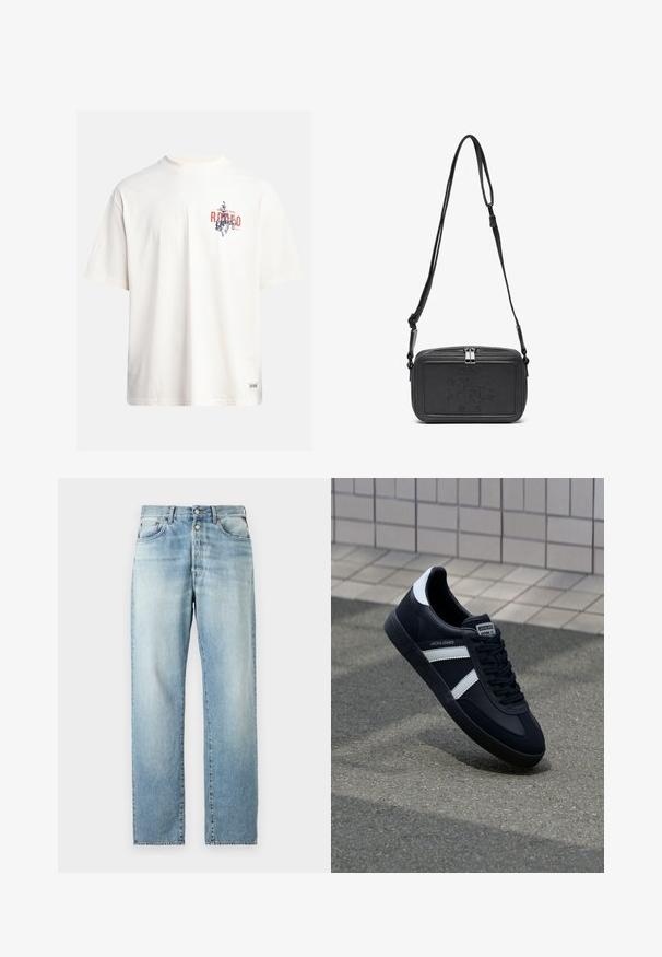 Crème katoenen t-shirt met korte mouwen en een ronde hals. Kenmerkt een grafische print in blauw en rood met tekst en een motief.; Lichtblauwe spijkerbroek met een rechte pasvorm, voorzien van een klassieke vijfzakkenopstelling en een knoopsluiting. Vervaagde textuur over het geheel.; Zwarte leren sneaker met witte strepen, een gestructureerde rubberen zool en vetersluiting aan de voorkant. Voorzien van een merklabel op de tong.; Zwarte leren schoudertas met een ritssluiting, reliëflogo aan de voorkant en een verstelbare schouderriem. Gladde textuur met een rechthoekige vorm.