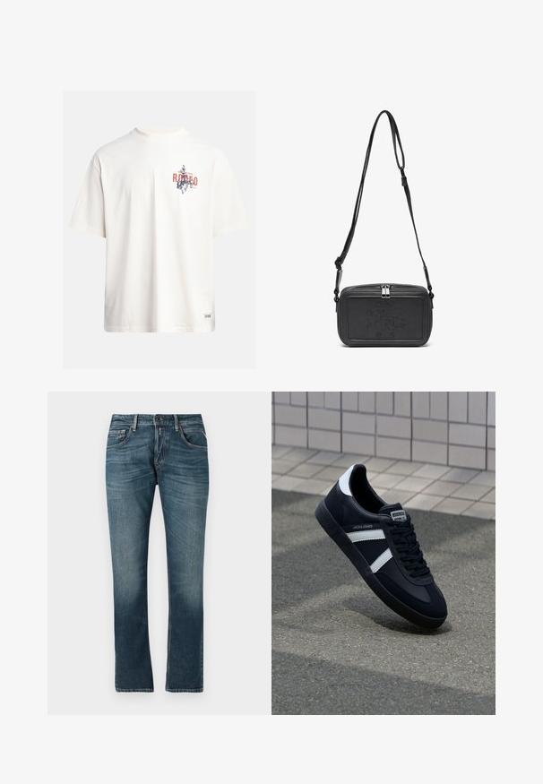 T-shirt in cotone crema con maniche corte e scollatura a girocollo. Presenta una stampa grafica in blu e rosso con testo e un motivo.; Jeans in denim blu con una vestibilità dritta, lavaggio sbiadito, design a cinque tasche e cuciture a contrasto. Chiusura con bottoni e zip.; Sneaker neri in pelle con strisce bianche, suola in gomma texturizzata e allacciatura frontale. Presenta un'etichetta con il marchio sulla linguetta.; Borsa a tracolla nera in pelle con chiusura zip, logo impresso sul davanti e tracolla regolabile. Texture liscia con forma rettangolare.