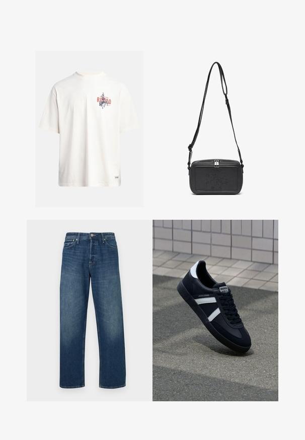 Kreemikollane puuvillane T-särk lühikeste varrukatega ja ümara kaelusega. Omab sinist ja punast graafilist trükist, millel on tekst ja motiiv.; Tumesinised teksapüksid sirge säärega, klassikalise nööpidega sulgemise ja viie taskuga. Esiküljel on peen hajutus.; Must have musta sneaker musta valgete triipudega, tekstuurne kummitald ja nööridega esiosa. Omab bränditud märki keele peal.; Musternast mustriga nahast ristiõlgadega kott, millel on tõmbluku sulgemine, esiküljel on sissepressitud logo ja reguleeritav rihm. Sile tekstuur ja ristkülikukujuline kuju.