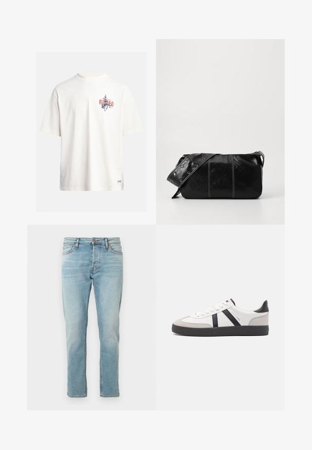 Kremowa bawełniana koszulka z krótkim rękawem i okrągłym dekoltem. Posiada graficzny nadruk w niebieskim i czerwonym kolorze z tekstem oraz motywem.; Jasnoniebieskie dżinsy o prostym kroju, pięć kieszeni, z delikatnym wyblaknięciem. Zapięcie na guzik w talii, czyste wykończenie dołów.; Białe sneakersy z czarnymi i szarymi akcentami, z teksturowanym szarym czubkiem, czarną gumową podeszwą i płaskimi białymi sznurowadłami. Czysty design, minimalistyczny styl.; Czarna skórzana torba na ramię z zamkiem błyskawicznym, charakteryzująca się teksturowanym korpusem, białymi przeszyciami oraz paskiem z srebrnymi osłonkami.