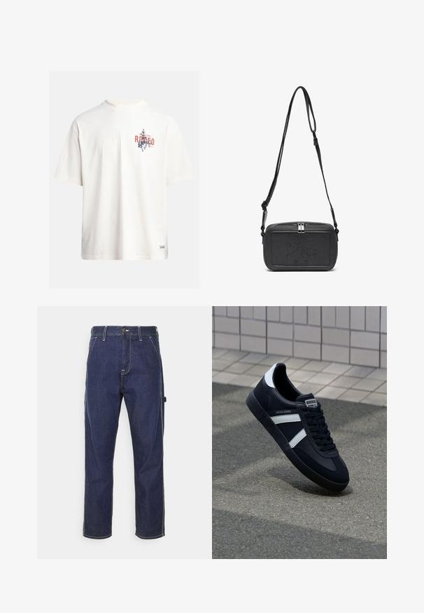 Cream cotton t-shirt with short sleeves and a crew neckline. Features a graphic print in blue and red with text and a motif.; Dark blue denim cargo pants with yellow stitching, side pockets, and a straight fit design. Features a button and zipper closure.; Black leather sneaker with white stripes, textured rubber sole, and lace-up front. Features a branded label on the tongue.; Black leather crossbody bag with a zip closure, embossed logo on the front, and adjustable strap. Smooth texture with a rectangular shape.