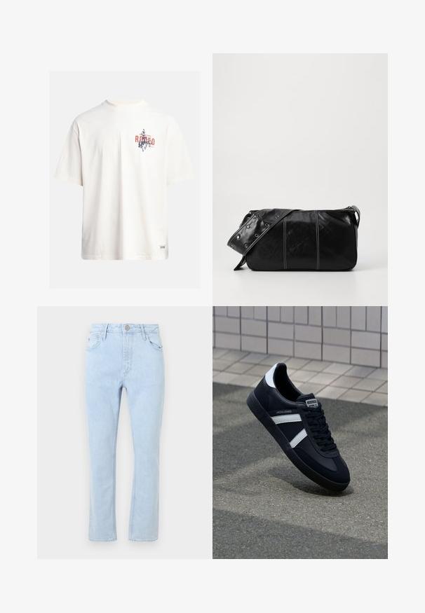 Kreminės spalvos medvilninė marškinė su trumptomis Rankovėmis ir apvaliu iškirpimu. Su grafiniu spausdinimu mėlynos ir raudonos spalvos su tekstu ir motyvu.; Šviesiai mėlynos džinsinės kelnės su tiesiu kirpimu, penkiais kišenėmis, nudėvėtu paviršiumi ir metaline sagtimi juosmens srityje.; Juodas odinis sportinis batelis su baltais dryžiais, tekstūruota gumine padais ir raišteliais priekyje. Yra prekės ženklą žymintis etiketė ant liežuvio.; Juodas odinis pečių krepšys su užtrauktuku, turintis tekstūruotą paviršių, baltą siuvinėjimą ir dirželį su sidabinėmis metalinėmis detalėmis.