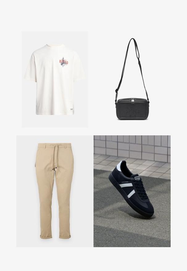 Cream cotton t-shirt with short sleeves and a crew neckline. Features a graphic print in blue and red with text and a motif.; Beige drawstring pants with a tapered fit, featuring side pockets and cuffed hems for a streamlined design. Made of lightweight fabric.; Black leather sneaker with white stripes, textured rubber sole, and lace-up front. Features a branded label on the tongue.; Black leather crossbody bag with a zip closure, embossed logo on the front, and adjustable strap. Smooth texture with a rectangular shape.