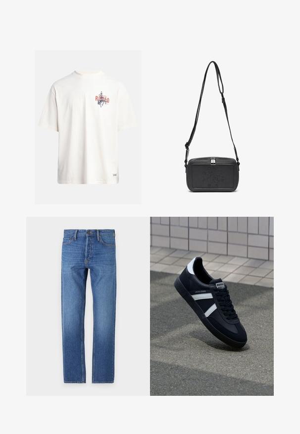 Krēmkrāsas kokvilnas T-krekls ar īsām piedurknēm un apaļu kakla izgriezumu. Ar zilas un sarkanas krāsas grafisku druku, kas ietver tekstu un motīvu.; Zila džinsu bikses ar taisnu kāju griezumu, klasisku piecu kabatu dizainu, vara diegiem un nolietotu izskatu ar izbalējušu krāsu.; Melnā ādas sporta apavi ar baltām svītrām, teksturēta gumijas zole un auklu aizdare. Iekļauj zīmola etiķeti uz mēles.; Melna ādas soma uz pleca ar zīmolu, slēdzamu rāvējslēdzēju un regulējamu siksnu. Gluda tekstūra un taisnstūru forma.