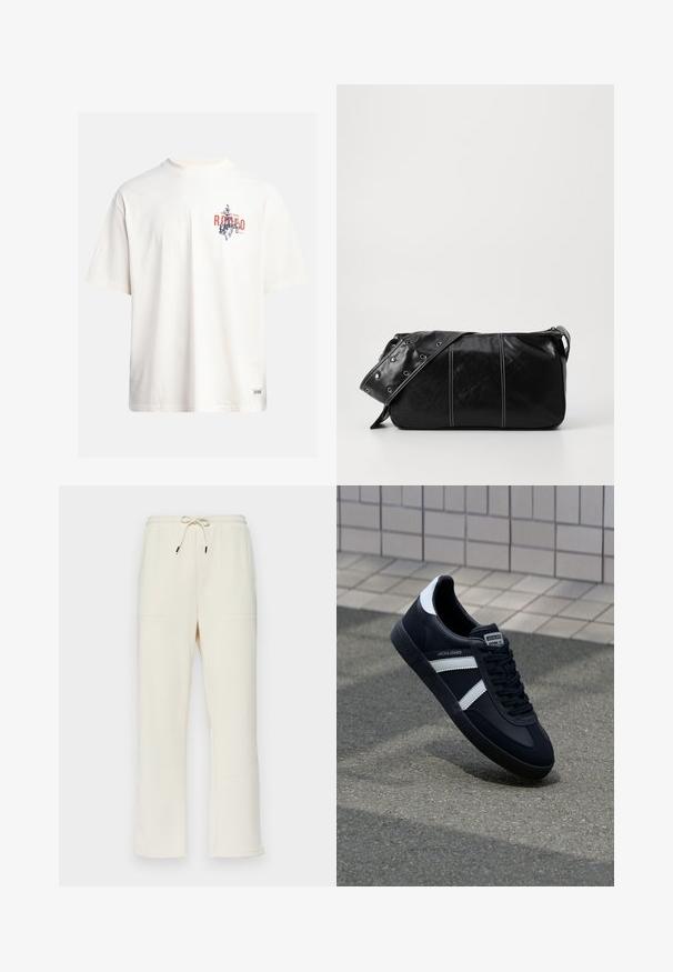 Cream cotton t-shirt with short sleeves and a crew neckline. Features a graphic print in blue and red with text and a motif.; Cream-colored ribbed sweatpants with a drawstring waistband, featuring two side pockets and a straight leg design.; Black leather sneaker with white stripes, textured rubber sole, and lace-up front. Features a branded label on the tongue.; Black leather shoulder bag with a zip closure, featuring a textured body, white stitching, and a strap with silver grommets.