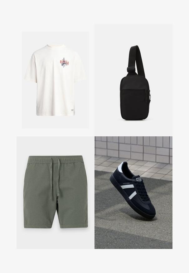 Krämfärgad bomullst-shirt med korta ärmar och rundad halsringning. Har ett grafiskt tryck i blått och rött med text och ett motiv.; Olivgröna shorts i texturerad tyg, med elastisk midja och justerbara snören samt en avslappnad passform.; Svart lädersneaker med vita ränder, texturerad gummisul, och snörning fram. Har en märkesskylt på tungan.; Svart axelväska gjord av slitstarkt tyg, med en justerbar rem, ett zip-försett huvudfack och en framficka.