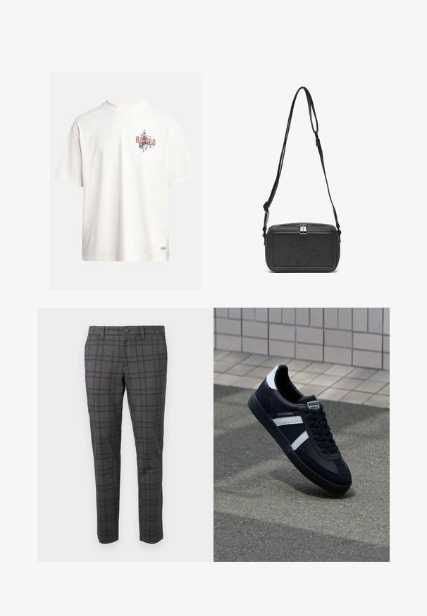 Kremfarget bomulls T-skjorte med korte ermer og rund hals. Har et grafisk trykk i blått og rødt med tekst og et motiv.; Grå rutete bukser laget av et teksturert stoff, med smal passform, beltehanker og en enkelt knapp-lukking i midjen.; Sorte lærersneaker med hvite striper, teksturert gummihæl og snøring foran. Har et merketikett på tungen.; Svart skinn crossover-veske med glidelås, preget logo på fronten og justerbar stropp. Glatt tekstur med rektangulær form.