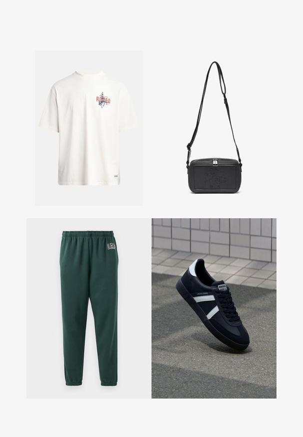 Krémové bavlněné tričko s krátkými rukávy a kulatým výstřihem. Obsahuje grafický potisk v modré a červené barvě s textem a motivem.; Zelené sportovní kalhoty vyrobené z měkké látky, s elastickým pasem, užšími nohavicemi a malým logem GAP na levém boku.; Černé kožené tenisky s bílými pruhy, texturovanou gumovou podrážkou a šněrováním vpředu. Obsahují značenou etiketu na jazyku.; Černá kožená taška přes rameno s uzávěrem na zip, vyraženým logem na přední straně a nastavitelným popruhem. Hladký povrch s obdélníkovým tvarem.