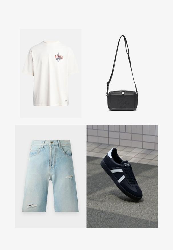 Kremfarget bomulls T-skjorte med korte ermer og rund hals. Har et grafisk trykk i blått og rødt med tekst og et motiv.; Lys blå denimshorts med en avslappet passform, med slitte detaljer, sidelommer og en enkelt knapp i toppen.; Sorte lærersneaker med hvite striper, teksturert gummihæl og snøring foran. Har et merketikett på tungen.; Svart skinn crossover-veske med glidelås, preget logo på fronten og justerbar stropp. Glatt tekstur med rektangulær form.