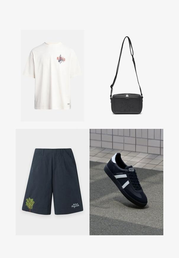 T-shirt in cotone crema con maniche corte e scollatura a girocollo. Presenta una stampa grafica in blu e rosso con testo e un motivo.; Shorts blu navy realizzati in tessuto leggero, con un design di un albero ricamato verde e un logo in bianco in basso a destra.; Sneaker neri in pelle con strisce bianche, suola in gomma texturizzata e allacciatura frontale. Presenta un'etichetta con il marchio sulla linguetta.; Borsa a tracolla nera in pelle con chiusura zip, logo impresso sul davanti e tracolla regolabile. Texture liscia con forma rettangolare.