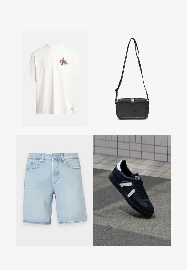 Crème katoenen t-shirt met korte mouwen en een ronde hals. Kenmerkt een grafische print in blauw en rood met tekst en een motief.; Lichtblauwe denimshorts met een klassiek vijfzakdesign, rechte snit en zichtbare stiksels. Voorzien van een metalen knoop en ritssluiting.; Zwarte leren sneaker met witte strepen, een gestructureerde rubberen zool en vetersluiting aan de voorkant. Voorzien van een merklabel op de tong.; Zwarte leren schoudertas met een ritssluiting, reliëflogo aan de voorkant en een verstelbare schouderriem. Gladde textuur met een rechthoekige vorm.