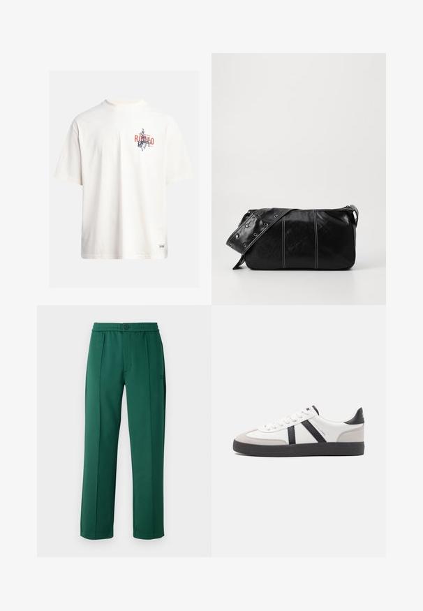 Krēmkrāsas kokvilnas T-krekls ar īsām piedurknēm un apaļu kakla izgriezumu. Ar zilas un sarkanas krāsas grafisku druku, kas ietver tekstu un motīvu.; Zaļas poliestera bikses ar brīvu piegriezumu, elastīgu jostasvietu, piegrieztām frontēm un vienu pogu aizdari. Gluda tekstūra un taisnas kājas dizains.; Baltas sneakeris ar melniem un pelēkiem akcentiem, kuram ir teksturēts pelēks purngals, melna gumijas zole un plakanas baltas šņores. Tīrs dizains, minimālisma stils.; Melnas ādas plecu soma ar rāvējslēdzēja aizdari, ar teksturētu virsmu, baltu dūrienu un siksnu ar sudraba iekavām.