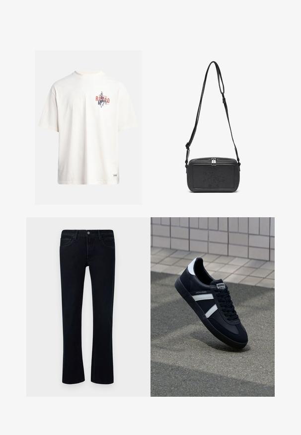 Krēmkrāsas kokvilnas T-krekls ar īsām piedurknēm un apaļu kakla izgriezumu. Ar zilas un sarkanas krāsas grafisku druku, kas ietver tekstu un motīvu.; Melnas džinsa bikses ar nelielu izplešanos, piecu kabatu dizains, jostas cilpas un pogu aizdare uz baltas fona.; Melnā ādas sporta apavi ar baltām svītrām, teksturēta gumijas zole un auklu aizdare. Iekļauj zīmola etiķeti uz mēles.; Melna ādas soma uz pleca ar zīmolu, slēdzamu rāvējslēdzēju un regulējamu siksnu. Gluda tekstūra un taisnstūru forma.