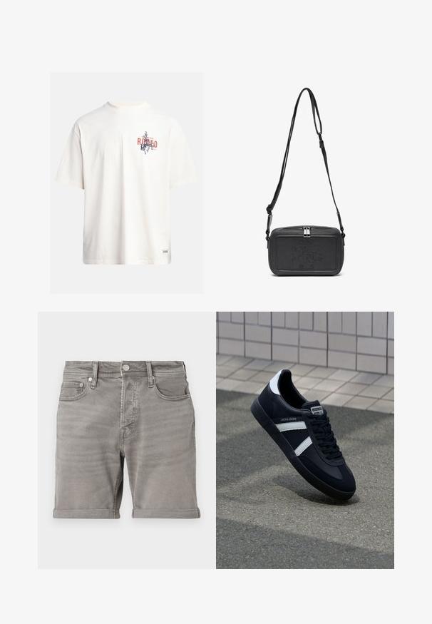 Crème katoenen t-shirt met korte mouwen en een ronde hals. Kenmerkt een grafische print in blauw en rood met tekst en een motief.; Grijze denim short met een klassieke vijf-pocketstijl, opgerolde zoom en metalen knoopsluiting. Gladde textuur met subtiele vervaging.; Zwarte leren sneaker met witte strepen, een gestructureerde rubberen zool en vetersluiting aan de voorkant. Voorzien van een merklabel op de tong.; Zwarte leren schoudertas met een ritssluiting, reliëflogo aan de voorkant en een verstelbare schouderriem. Gladde textuur met een rechthoekige vorm.