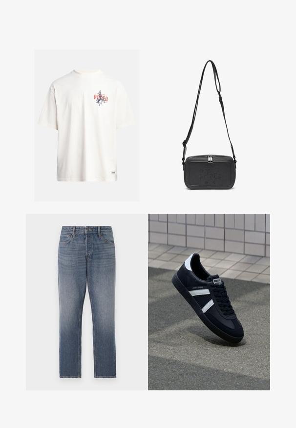 Kremasta pamukasta majica s kratkim rukavima i okruglim izrezom. Ima grafički ispis u plavoj i crvenoj boji s tekstom i motivom.; Tamno plave traperice, ravne nogavice, s izbjeljenim pranjem, pet džepova i mjedenim detaljima. Čist i klasičan izgled.; Crne kožne tenisice s bijelim prugama, strukturirana gumena potplate i vezanjem sprijeda. Ima oznaku brenda na jeziku.; Crna kožna torbica preko tijela s patentnim zatvaračem, ugraviranim logotipom sprijeda i podesivim remenom. Glatka tekstura s pravokutnim oblikom.