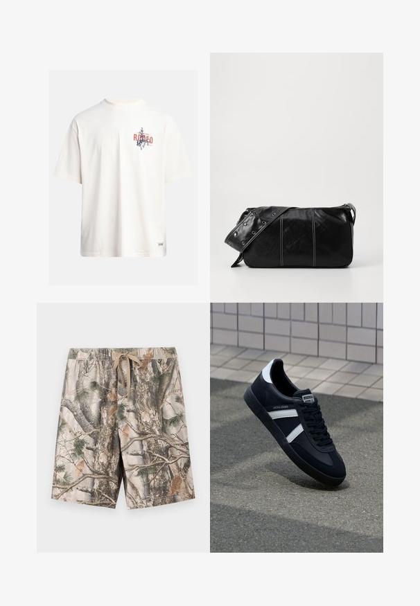 Cream cotton t-shirt with short sleeves and a crew neckline. Features a graphic print in blue and red with text and a motif.; camo-patterned shorts made of lightweight fabric; features an elastic waistband with drawstring; colors include beige, brown, and green.; Black leather sneaker with white stripes, textured rubber sole, and lace-up front. Features a branded label on the tongue.; Black leather shoulder bag with a zip closure, featuring a textured body, white stitching, and a strap with silver grommets.