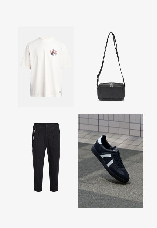 Tricou din bumbac crem, cu mâneci scurte și decolteu rotund. Prezintă un print grafic în nuanțe de albastru și roșu, cu text și un motiv.; Pantaloni negri cu un tiv elastic, având plii frontale și un accent dintr-un lanț argintiu pe partea stângă. Material din amestec de bumbac.; Sneaker din piele neagră cu dungi albe, talpă din cauciuc texturat și șireturi. Prezintă un eticheta de marcă pe limbă.; Geantă din piele neagră, tip crossbody, cu închidere cu fermoar, logo embosat pe față și curea ajustabilă. Textură netedă și formă rectangulară.