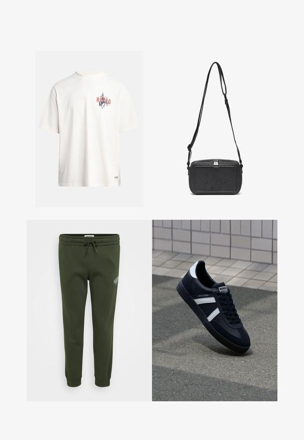 Tricou din bumbac crem, cu mâneci scurte și decolteu rotund. Prezintă un print grafic în nuanțe de albastru și roșu, cu text și un motiv.; Pantaloni de trening verde măslinie dintr-un amestec moale de bumbac, cu o talie elastică prevăzută cu șnur și manșete curbate la glezne.; Sneaker din piele neagră cu dungi albe, talpă din cauciuc texturat și șireturi. Prezintă un eticheta de marcă pe limbă.; Geantă din piele neagră, tip crossbody, cu închidere cu fermoar, logo embosat pe față și curea ajustabilă. Textură netedă și formă rectangulară.
