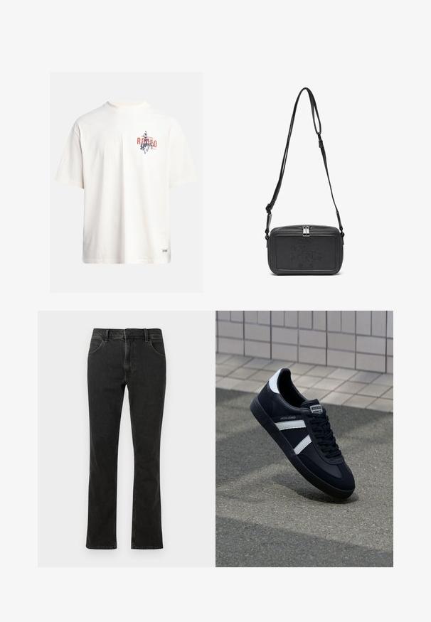 Kremna bombažna majica s kratkimi rokavi in okroglim izrezom. Ima grafični tisk v modri in rdeči barvi z besedilom in motivom.; Črne jeans hlače straight-leg iz denima, s petimi žepi, gumbom za zapiranje in kontrastnim šivom ob šivih.; Črne usnjene superge z belimi črtami, teksturiran gumijast podplat in zavezovanje spredaj. Imajo označeno oznako na ježku.; Črna usnjena torbica čez ramo z zadrgo, embosirano logotipom spredaj in nastavljivim pasom. Gladka površina z pravokotno obliko.