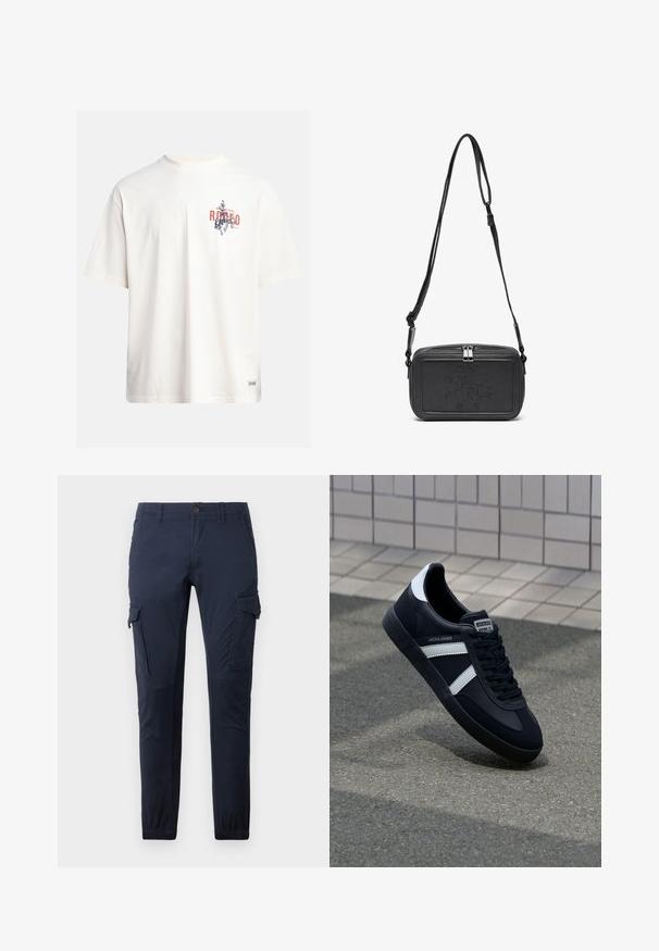 Crème katoenen t-shirt met korte mouwen en een ronde hals. Kenmerkt een grafische print in blauw en rood met tekst en een motief.; Marine cargo shorts gemaakt van duurzame stof, met meerdere zakken, een tailleband met een knoop en elastische boorden bij de enkels.; Zwarte leren sneaker met witte strepen, een gestructureerde rubberen zool en vetersluiting aan de voorkant. Voorzien van een merklabel op de tong.; Zwarte leren schoudertas met een ritssluiting, reliëflogo aan de voorkant en een verstelbare schouderriem. Gladde textuur met een rechthoekige vorm.