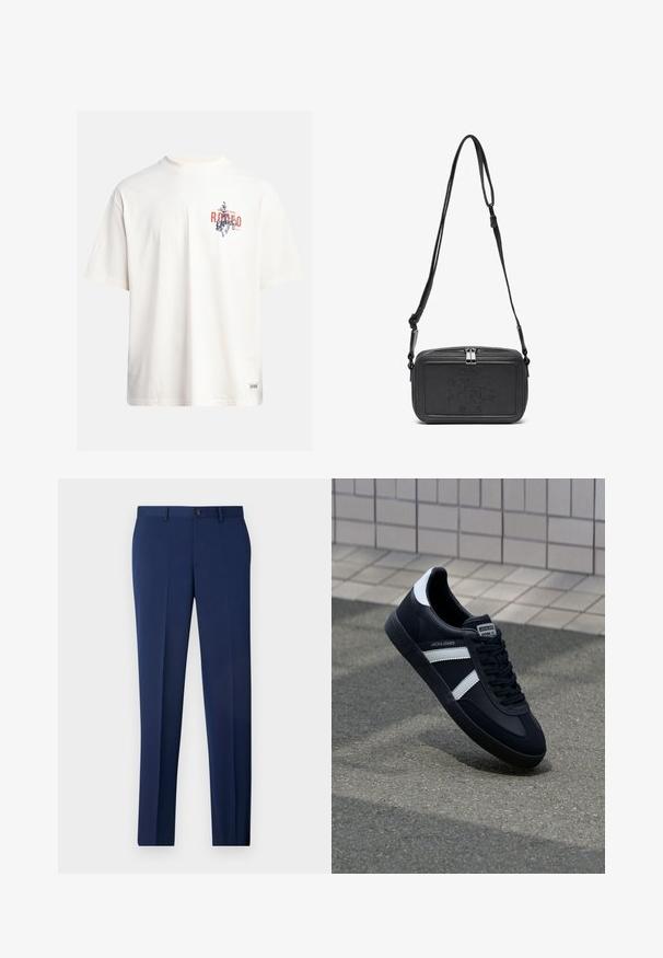 Kremasta pamukasta majica s kratkim rukavima i okruglim izrezom. Ima grafički ispis u plavoj i crvenoj boji s tekstom i motivom.; Mornarske formalne hlače slim kroja, ravnog prednjeg dizajna i glatke teksture. Sadržavaju pojedinačno kopčanje na dugme i petlje za remen.; Crne kožne tenisice s bijelim prugama, strukturirana gumena potplate i vezanjem sprijeda. Ima oznaku brenda na jeziku.; Crna kožna torbica preko tijela s patentnim zatvaračem, ugraviranim logotipom sprijeda i podesivim remenom. Glatka tekstura s pravokutnim oblikom.