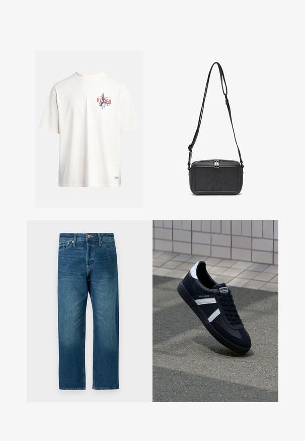 Kremasta pamukasta majica s kratkim rukavima i okruglim izrezom. Ima grafički ispis u plavoj i crvenoj boji s tekstom i motivom.; Traperice tamnoplave boje s ravnim nogavicama, koje imaju raspored od pet džepova, petlje za remen i zatvaranje na dugme.; Crne kožne tenisice s bijelim prugama, strukturirana gumena potplate i vezanjem sprijeda. Ima oznaku brenda na jeziku.; Crna kožna torbica preko tijela s patentnim zatvaračem, ugraviranim logotipom sprijeda i podesivim remenom. Glatka tekstura s pravokutnim oblikom.