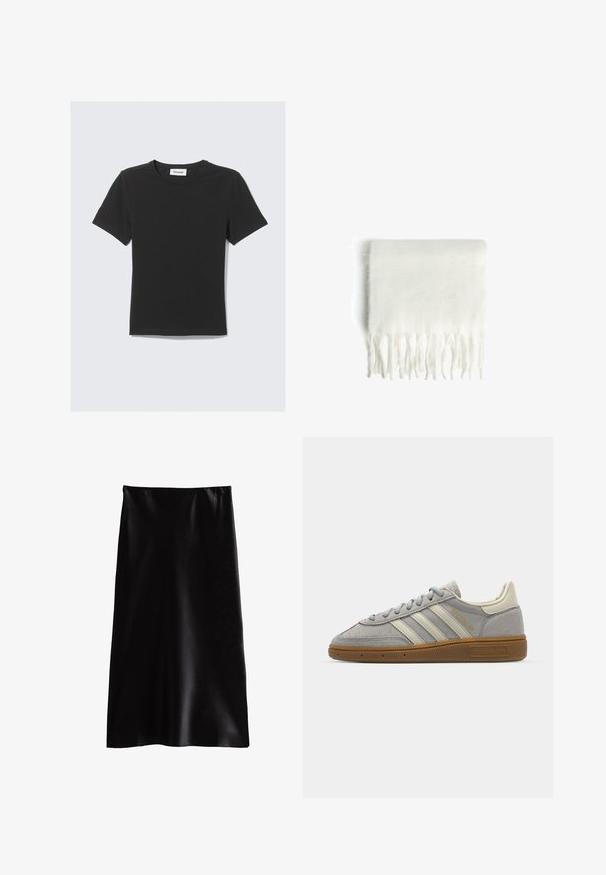 Schwarzes Kurzarm-T-Shirt aus weichem Baumwollstoff mit Rundhalsausschnitt und lockerer Passform, das ein schlichtes Design ohne sichtbare Muster aufweist.; Schwarz satinierter Maxikleid mit glatter Textur, geradem Schnitt und elastischem Bund. Keine sichtbaren Muster oder Verzierungen.; Graue Wildledersneaker mit hellgrauen Lederstreifen und einer Sohle aus Gummi. Zu den Merkmalen gehören eine Schnürung und dezente Markenkennzeichnung auf der Zunge.; Weiße Fleece-Schal mit fransigen Kanten, weicher Textur und rechteckiger Form. Eignet sich zum Schichten und bietet Wärme.