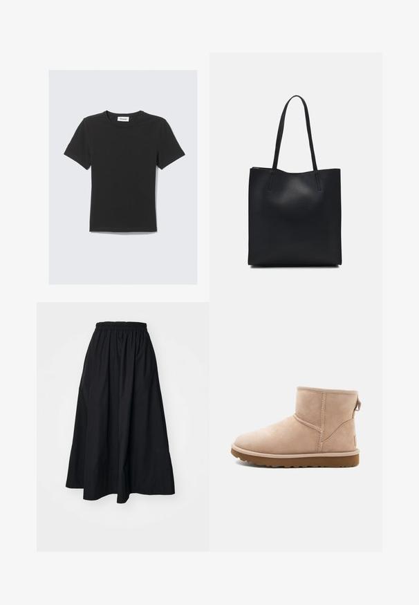 Sort t-shirt med korte ærmer lavet af blødt bomuldsstof med rund hals og en afslappet pasform, der har et enkelt design uden synlige mønstre.; Sort bomulds midi nederdel med elastisk talje, der har en fuld, flydende silhuet og en subtil tekstureret overflade. Ingen synlige dekorationer.; Beige ruskindsankelstøvle med rund tå, synlige sting og en tekstureret brun gummisål. Har en træksløjfe på bagsiden.; Sort læder tote taske med glat tekstur, rektangulær form og to lange hanke. Ingen synlig hardware eller udsmykninger.