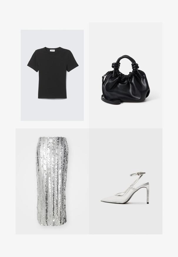 T-shirt noir à manches courtes en coton doux, avec un col rond et une coupe décontractée, présentant un design épuré et sans motifs visibles.; Jupe crayon en sequins argentés avec des rayures verticales, une silhouette ajustée et une texture lisse et brillante. Design élégant, convenant à des occasions formelles.; Chaussure à talon aiguille transparent avec un bout pointu, en matériau transparent, accents métalliques argentés et bride de cheville réglable.; Sac à main en cuir noir avec un design froncé, des poignées courtes et arrondies, et une bandoulière détachable. Texture lisse avec une silhouette douce.