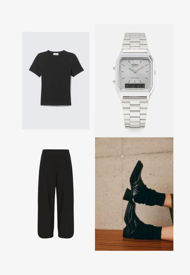 Zwarte T-shirt met korte mouwen van zacht katoen, met een ronde hals en een losse pasvorm, met een strakke uitstraling en zonder zichtbare patronen.; Zwarte wijde broek met een gladde stof, voorzien van plooien aan de voorkant en een rechte zoom. Minimale hardwaredetails.; Zwarte leren enkelboots met witte stiksels, blokhakken en samengevoegde zwarte sokken, rustend op een houten oppervlak tegen een betonnen muur.; Zilverkleurige Casio kwarts horloge met rechthoekige wijzerplaat, analoge en digitale displays, roestvrijstalen band en waterbestendige eigenschappen.