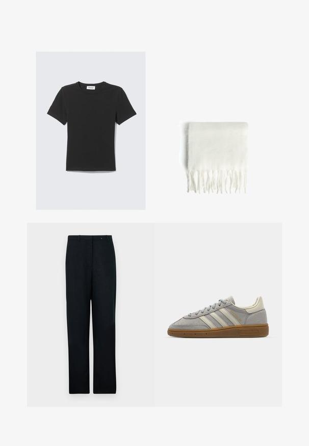 Črna kratka majica s kratkimi rokavi, izdelana iz mehkega bombažnega materiala, s krožno ovratnikom in ohlapnim krojem, z enostavnim dizajnom in brez vidnih vzorcev.; Črne lanene hlače s ravnim krojem, ki imajo ravno sprednjo stran, zankice za pas in enotno sprednjo gubo. Gladka tekstura, krojen pristajanje.; Sive športne copate iz semiša z svetlosivimi usnjenimi črtami in gumijastim podplatom. Značilnosti vključujejo vezalni sistem in subtilno blagovno oznako na jezičku.; Bela polarna šal s resicami, mehak na dotik in pravokotne oblike. Primeren za plastenje in zagotavljanje toplote.