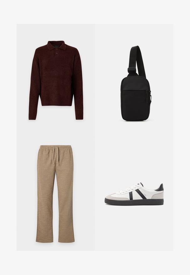 Brauner Strickpullover mit Polo-Kragen, drei Knöpfen am Hals und langen Ärmeln. Weiche Textur, gerippte Bündchen und Saum.; Beige Hose mit einem strukturierten Muster, ausgestattet mit einem elastischen Bund und Kordelzug. Gerades Bein Design mit leicht ausgestelltem Saum.; Weiße Sneaker mit schwarz- und grau-aczenten, ausgestattet mit einer strukturierten grauen Zehenkappe, schwarzer Gummi-Sohle und flachen weißen Schnürsenkeln. Sauberes Design, minimalistische Stil.; Schwarze Umhängetasche aus robustem Gewebe, mit einem verstellbaren Tragegurt, einem Reißverschluss-Hauptfach und einer Fronttasche.
