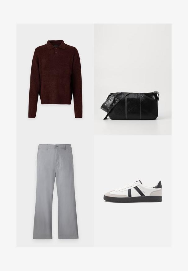 Brązowy sweter robiony na drutach z kołnierzykiem polo, trzema guzikami przy szyi i długimi rękawami. Miękka faktura, ściągacze na rękawach i u dołu.; Szare spodnie z szerokimi nogawkami, wykonane z miękkiego materiału, z zapięciem na guzik z przodu, szlufkami na pasek oraz prostym krojem bez widocznych wzorów lub akcentów.; Białe sneakersy z czarnymi i szarymi akcentami, z teksturowanym szarym czubkiem, czarną gumową podeszwą i płaskimi białymi sznurowadłami. Czysty design, minimalistyczny styl.; Czarna skórzana torba na ramię z zamkiem błyskawicznym, charakteryzująca się teksturowanym korpusem, białymi przeszyciami oraz paskiem z srebrnymi osłonkami.
