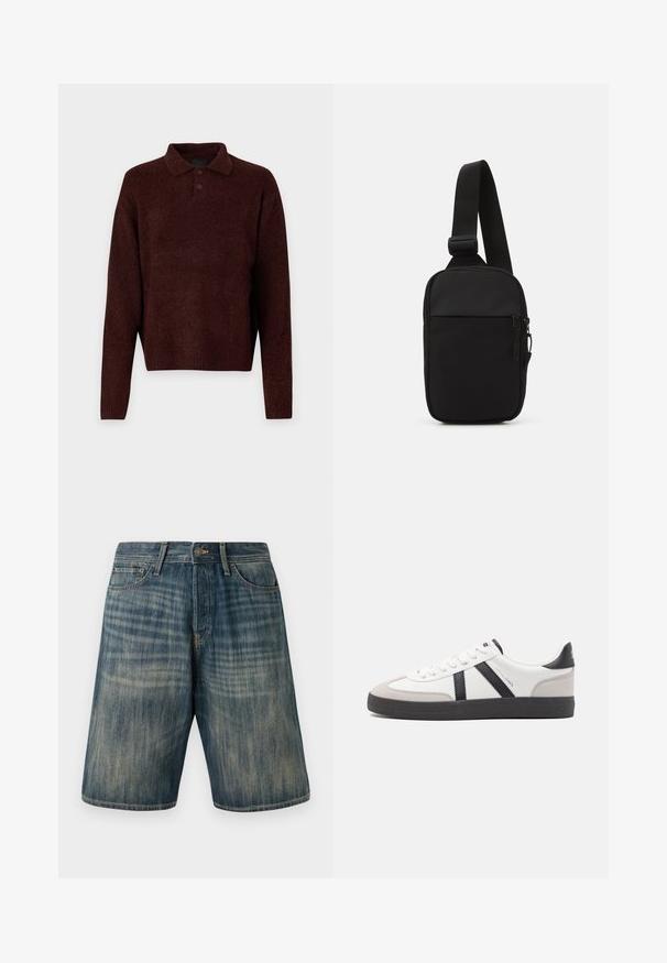 Hnědý pletený pullover s polo límcem, třemi knoflíky na krku a dlouhými rukávy. Měkká textura, žebrované manžety a lem.; Džínové kraťasy ve světle modré barvě s vybledlým umytím, obsahující pět kapes, poutka na opasek a zapínání na knoflík v pase.; Bílé tenisky s černými a šedými akcenty, opatřené texturovaným šedým prstovým krytem, černou gumovou podrážkou a plochými bílými tkaničkami. Čistý design, minimalistický styl.; Černá crossbody taška vyrobená z odolné tkaniny, s jedním nastavitelným popruhem, zapínacím hlavním oddělením a přední kapsou.