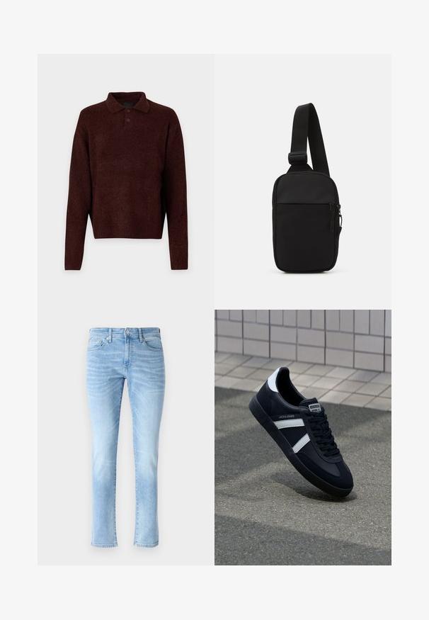 Bruin gebreid pullover met een polo kraag, drie knopen bij de hals en lange mouwen. Zachte textuur, geribde manchetten en zoom.; Lichtblauwe denim jeans met een slim fit, vijf-pocketontwerp en subtiele vervagingdetails, met een klassieke rechte pijp en knoopsluiting.; Zwarte leren sneaker met witte strepen, een gestructureerde rubberen zool en vetersluiting aan de voorkant. Voorzien van een merklabel op de tong.; Zwarte schoudertas gemaakt van duurzaam stof, met een enkele verstelbare schouderband, een gepartitioneerd hoofdcompartiment met rits en een voorvak.