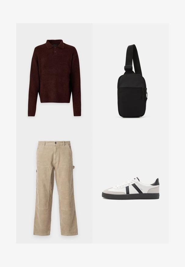 Pull en maille brun avec col polo, trois boutons au cou, et manches longues. Texture douce, poignets et ourlet à côtes.; Pantalon en velours côtelé beige avec une jambe droite, doté de poches latérales et de renforts aux genoux. Tissu texturé avec des cannelures verticales.; Baskets blanches avec des accents noirs et gris, présentant un embout texturé gris, une semelle en caoutchouc noir et des lacets plats blancs. Design épuré, style minimaliste.; Sac bandoulière noir en tissu durable, avec une seule sangle ajustable, un compartiment principal zippé et une poche avant.