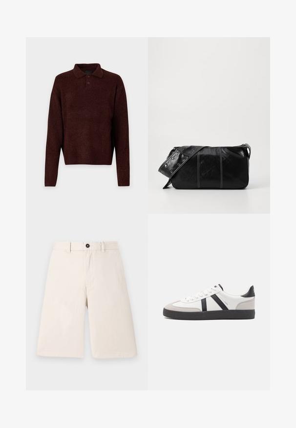 Brauner Strickpullover mit Polo-Kragen, drei Knöpfen am Hals und langen Ärmeln. Weiche Textur, gerippte Bündchen und Saum.; Beige Baumwollshorts mit geradem Schnitt, ausgestattet mit einem Knopfverschluss und Gürtelschlaufen. Glatte Textur ohne Muster oder Akzente.; Weiße Sneaker mit schwarz- und grau-aczenten, ausgestattet mit einer strukturierten grauen Zehenkappe, schwarzer Gummi-Sohle und flachen weißen Schnürsenkeln. Sauberes Design, minimalistische Stil.; Schwarze Leder Schultertasche mit Reißverschluss, ausgestattet mit einer strukturierten Oberfläche, weißen Nähten und einem Tragegurt mit silbernen Ösen.