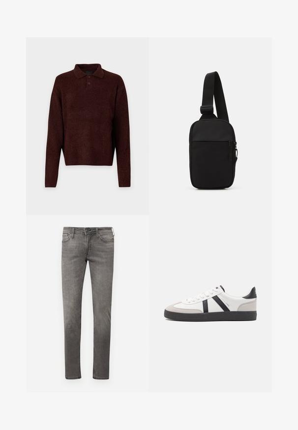 Pruun kudumiga pehme pullover, millel on polo kaelus, kolm nuppu kaela juures ja pikad varrukad. Pehme tekstuur, ribidega mansetid ja äär.; Kahvatu hallid teksad, kitsas lõige, viie taskuga ja kontrastsete õmblustega. Omab tõmblukkuga varrukat ja vöökindaid. Minimalistlik disain.; Valged tossud mustade ja hallide aktsentidega, tekstureeritud halli varbakattega, musta kummitald ja lamedad valged paelad. Puhtad jooned, minimalistlik stiil.; Mustmust crossbody kott mustekangast, millel on üks reguleeritav rihm, lukuga põhiosas ja eesmine tasku.