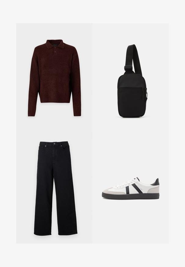 Hnědý pletený pullover s polo límcem, třemi knoflíky na krku a dlouhými rukávy. Měkká textura, žebrované manžety a lem.; Černé široké džíny vyrobené z denimu. Mají vysoký pas, pět kapsičkový design a kovové zapínání na knoflík. Hladká textura, žádné vzory.; Bílé tenisky s černými a šedými akcenty, opatřené texturovaným šedým prstovým krytem, černou gumovou podrážkou a plochými bílými tkaničkami. Čistý design, minimalistický styl.; Černá crossbody taška vyrobená z odolné tkaniny, s jedním nastavitelným popruhem, zapínacím hlavním oddělením a přední kapsou.