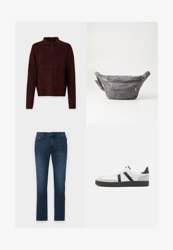 Rudas megztinis su polo apykakle, trimis mygtukais ant kaklo ir ilgomis rankovėmis. Minkšta tekstūra, raukiniai rankogaliuose ir apatine dalyje.; Tamsiai mėlynos džinsinės kelnės su tiesiu kirpimu, su mygtuko ir užtrauktuko uždarymu, penkių kišenių dizainu ir subtiliu audinio nusidėvėjimu.; Balti sportbačiai su juodais ir pilkais akcentais, pasižymintys tekstūruotu pilku pirštų dangteliu, juoda gumine padais ir plokščiomis baltomis raišteliais. Švarus dizainas, minimalistinis stilius.; Pilkas suedes fanny pack'as apvalios formos, su dviem užtraukiamais skyreliais ir reguliuojama diržele. Yra metaliniai aksesuarai.